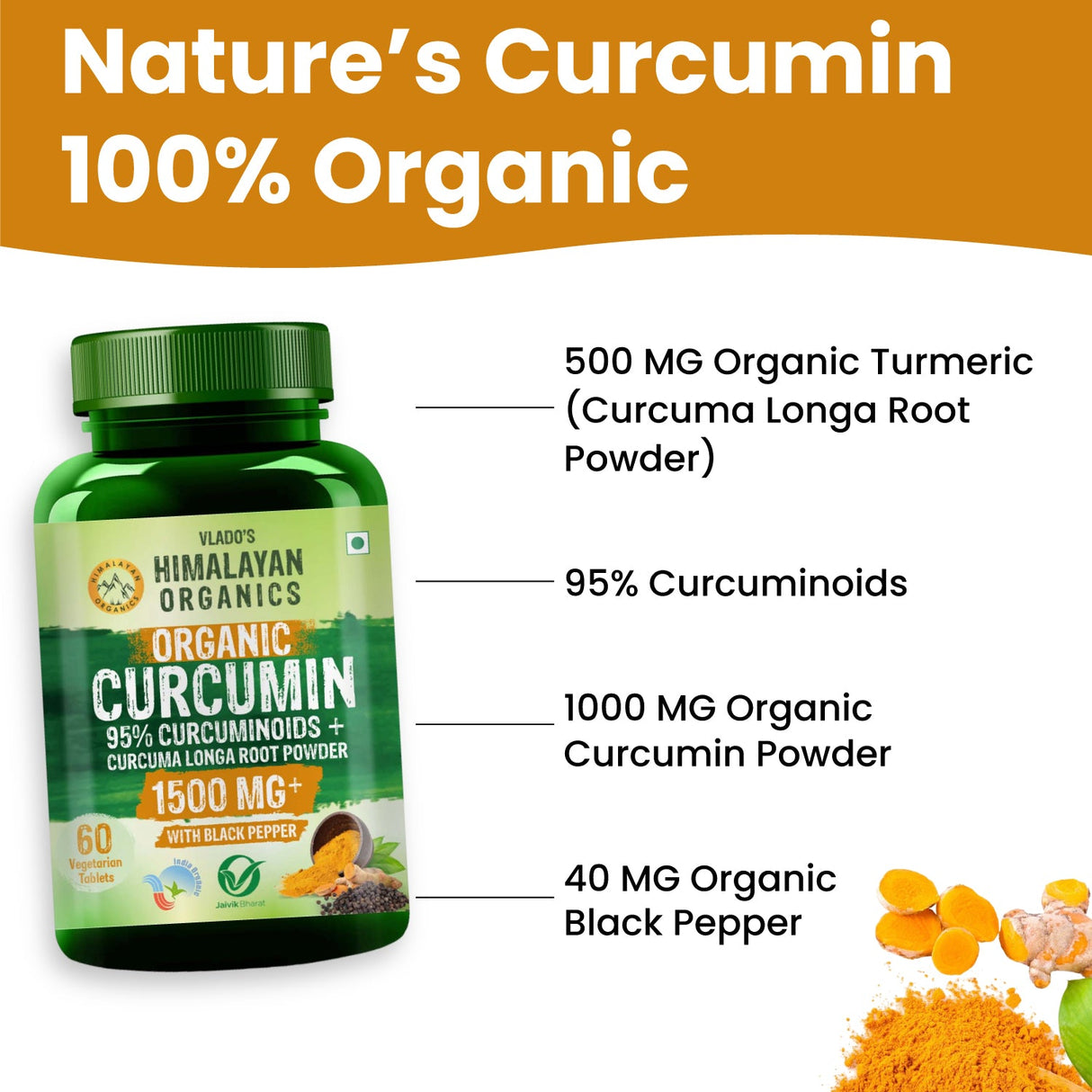 Vlado's Himalayan Organics, Curcumin Tablets 1500mg with Black Pepper, Anti-Inflammatory Supplement - 60 Veg Tablets