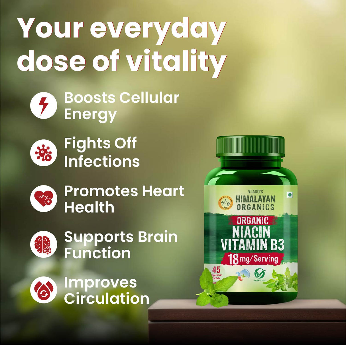Vlado's Himalayan Organics, Niacin (Vitamin B3) 18mg, Supports Vascularity & Energy - 45 Veg Tablets