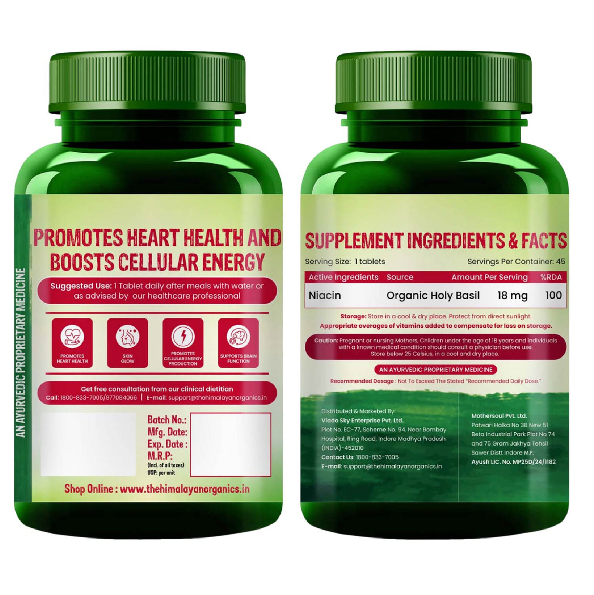 Vlado's Himalayan Organics, Niacin (Vitamin B3) 18mg, Supports Vascularity & Energy - 45 Veg Tablets
