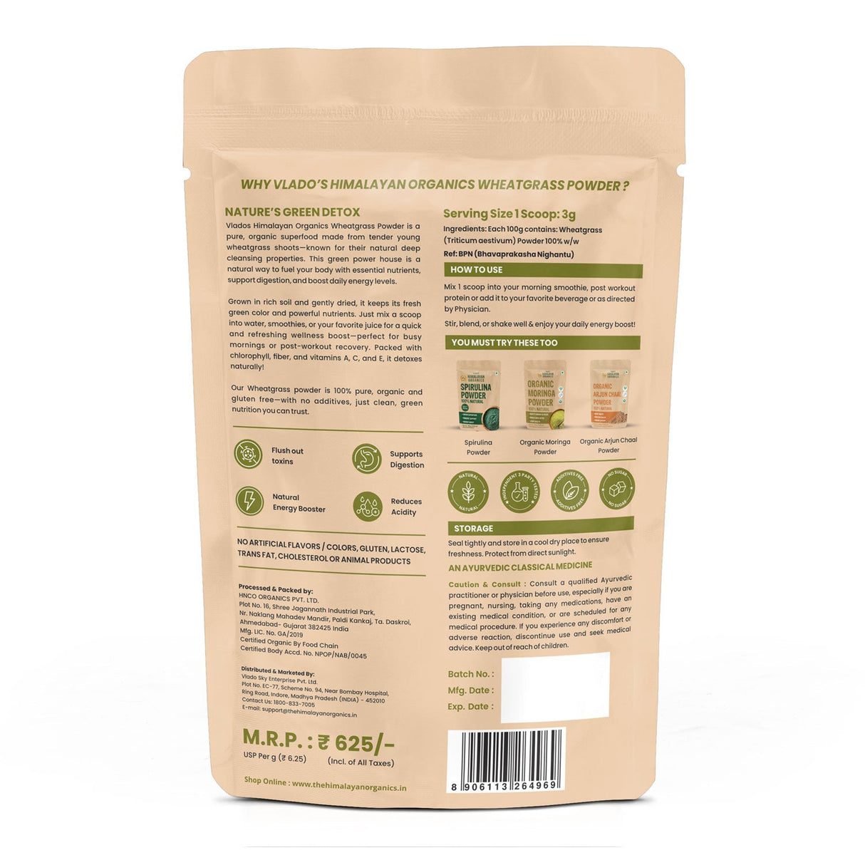 Vlado's Himalayan Organics, Wheatgrass Powder, Detox & Immunity Support - 100g