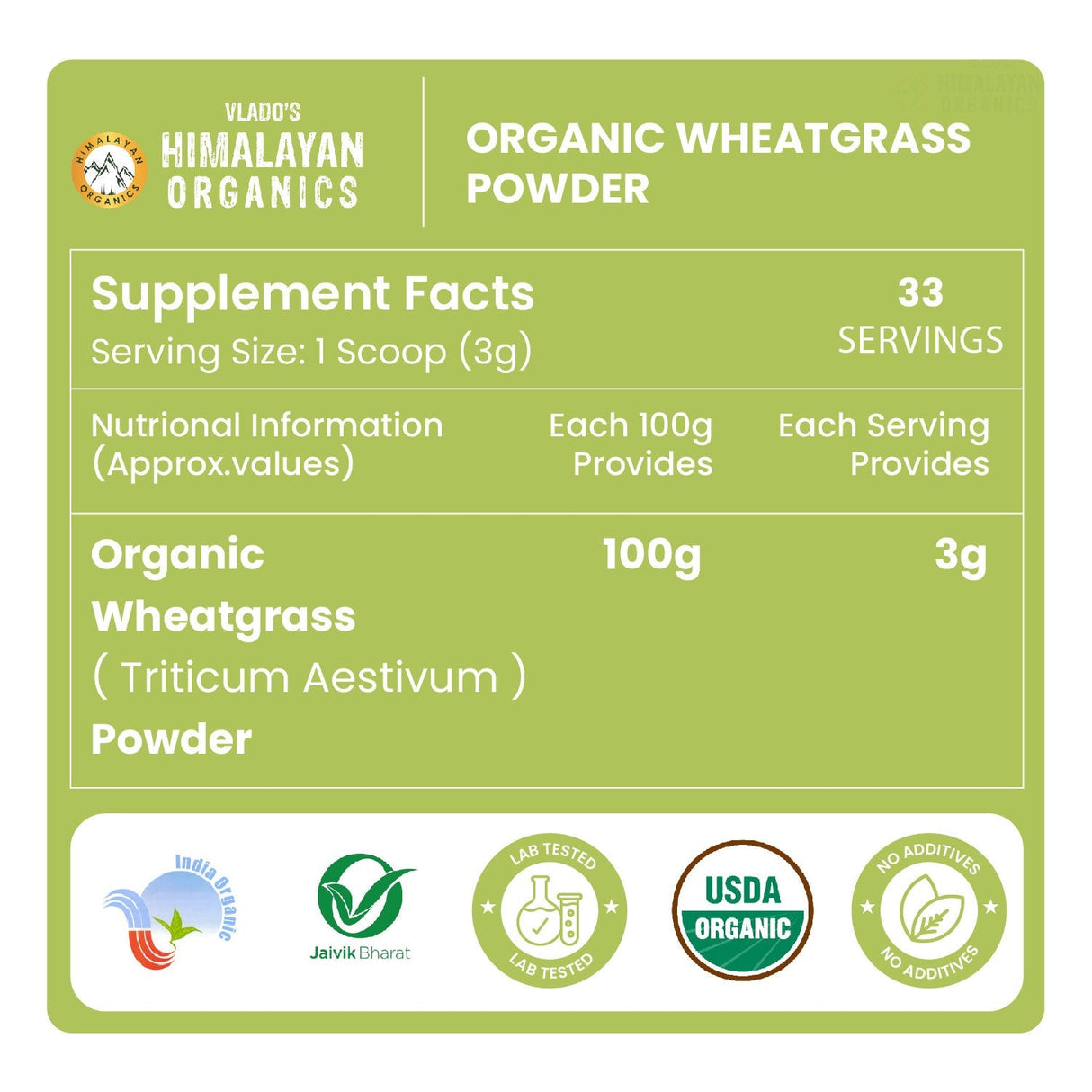 Vlado's Himalayan Organics, Wheatgrass Powder, Detox & Immunity Support - 100g