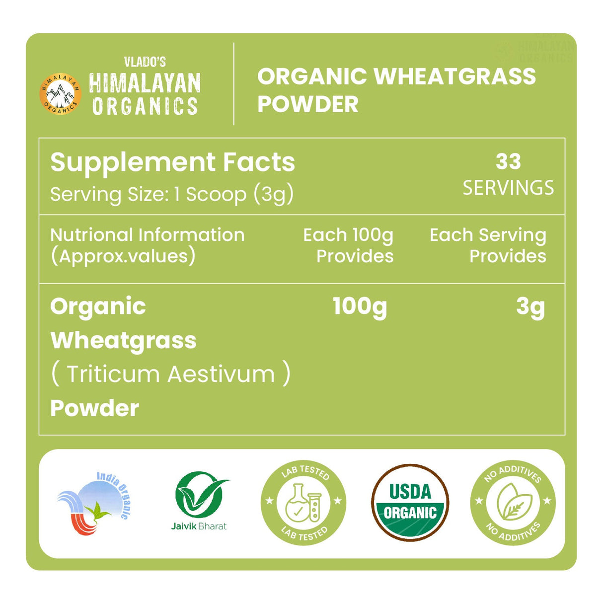 Vlado's Himalayan Organics, Wheatgrass Powder, Detox & Immunity Support - 100g