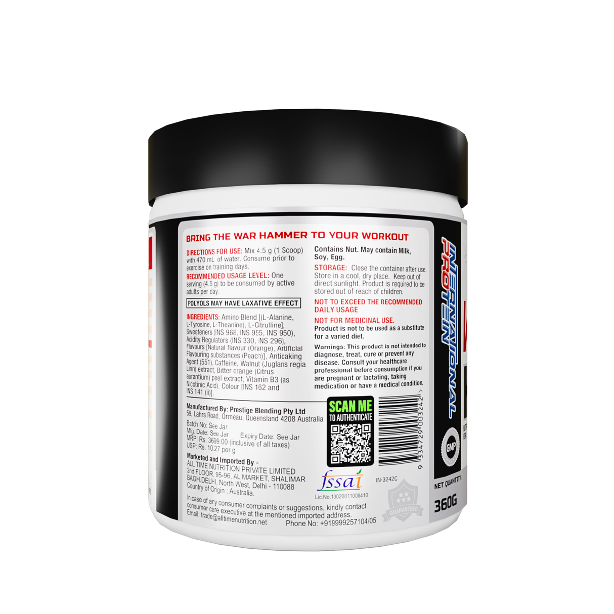 International Protein War Hammer Black Ops Pre-Workout Powder | L-Citrulline, Beta-Alanine, L-Tyrosine, L-Theanine & Caffeine | 80 Servings