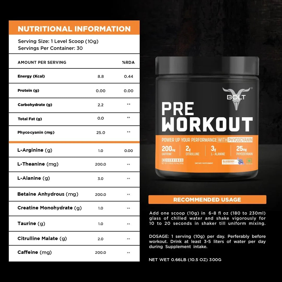 Bolt Nutrition Pre Workout Supplement 300g, 30 Servings