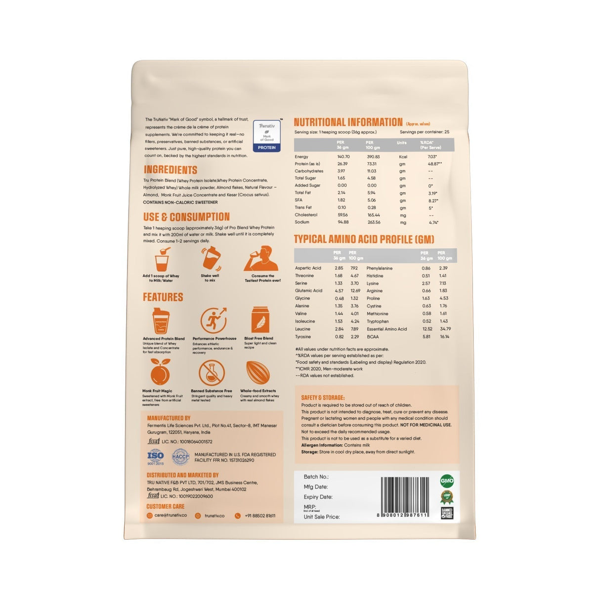 TruNativ Pro Blend Whey Protein, 26g Protein, 907g