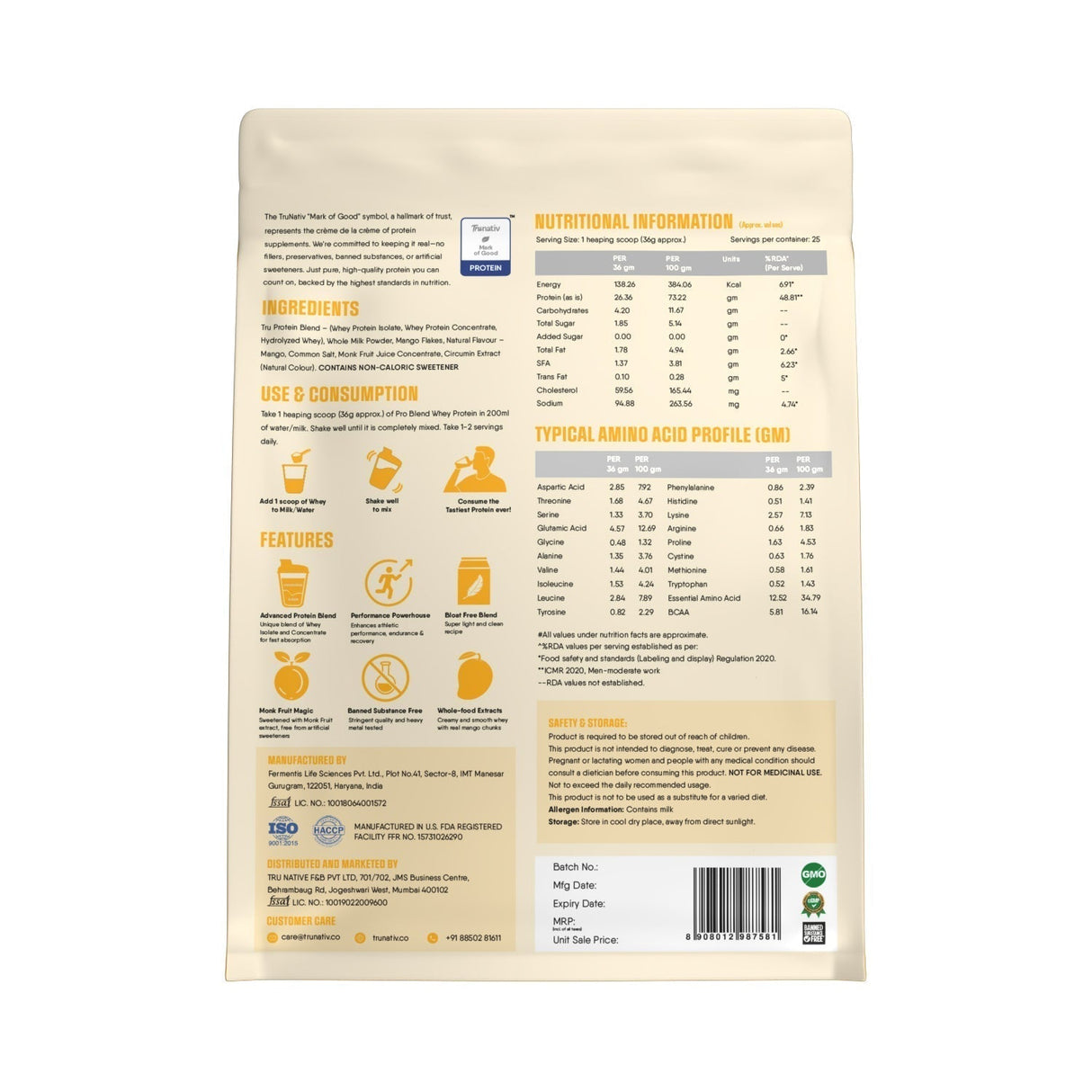 TruNativ Pro Blend Whey Protein, 26g Protein, 907g