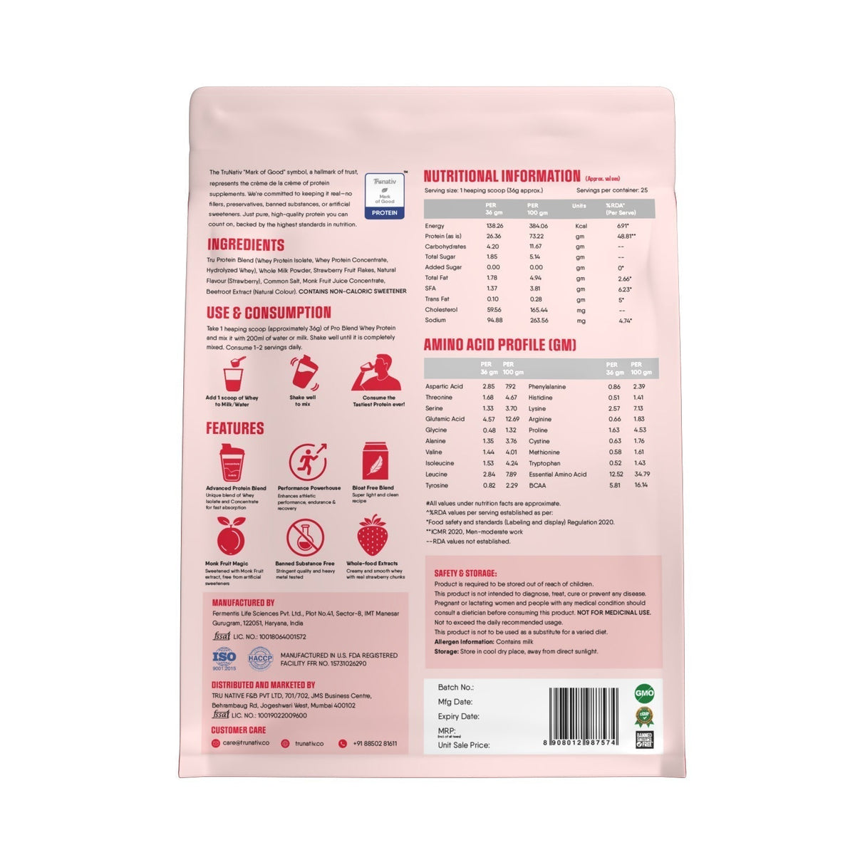 TruNativ Pro Blend Whey Protein, 26g Protein, 907g