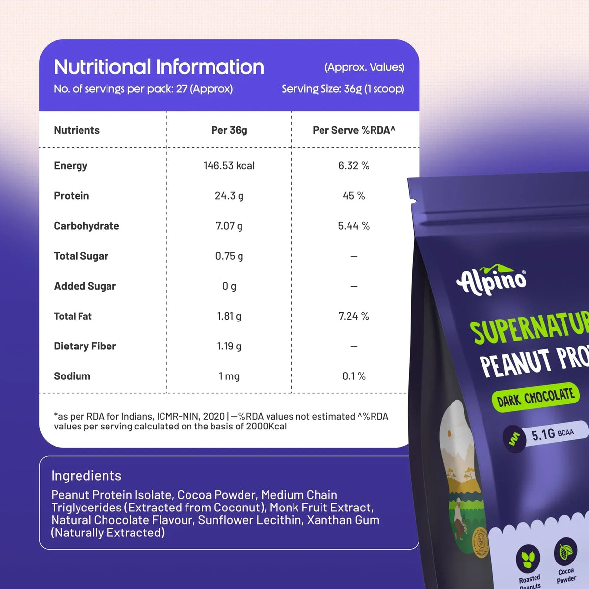 Alpino Supernatural Peanut Protein Powder | 24g Protein | 5.1g BCAAs | 1kg