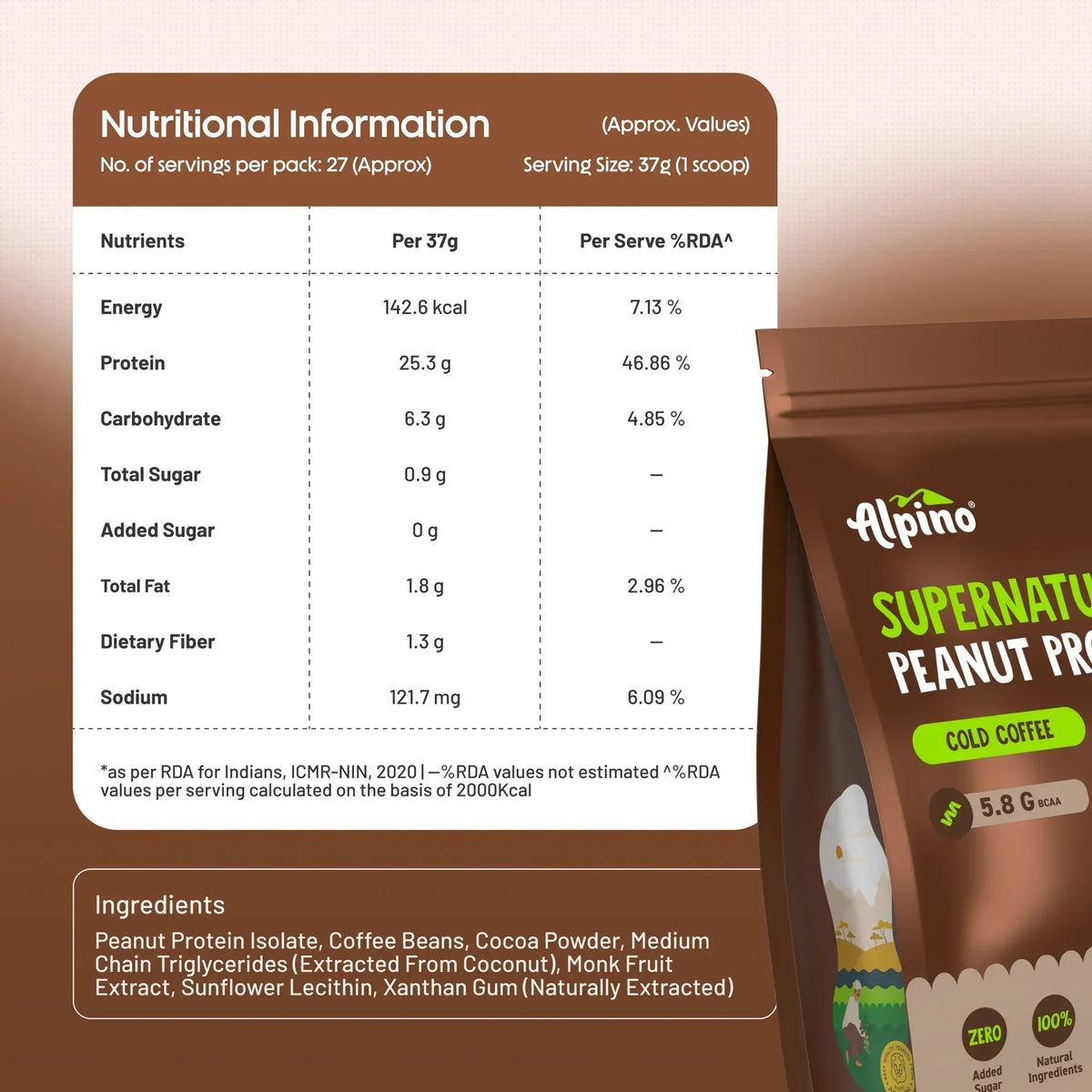 Alpino Supernatural Peanut Protein Powder | 24g Protein | 5.1g BCAAs | 1kg