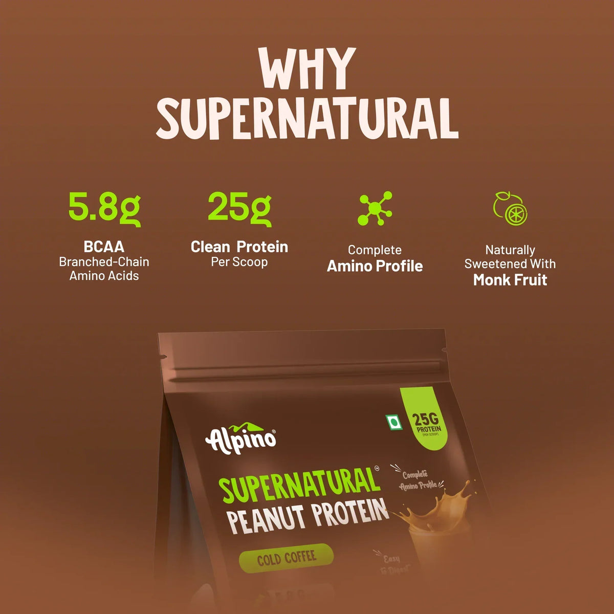 Alpino Supernatural Peanut Protein Powder | 24g Protein | 5.1g BCAAs | 1kg