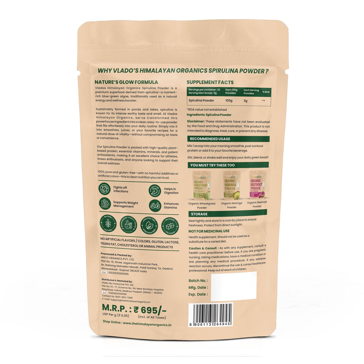 Vlado's Himalayan Organics, Spirulina Powder, 62% Protein Superfood - 100g