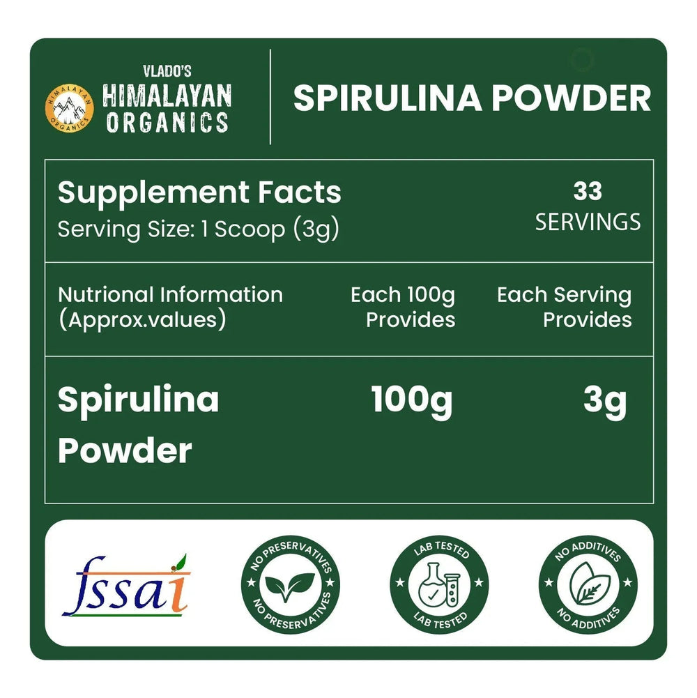 Vlado's Himalayan Organics, Spirulina Powder, 62% Protein Superfood - 100g