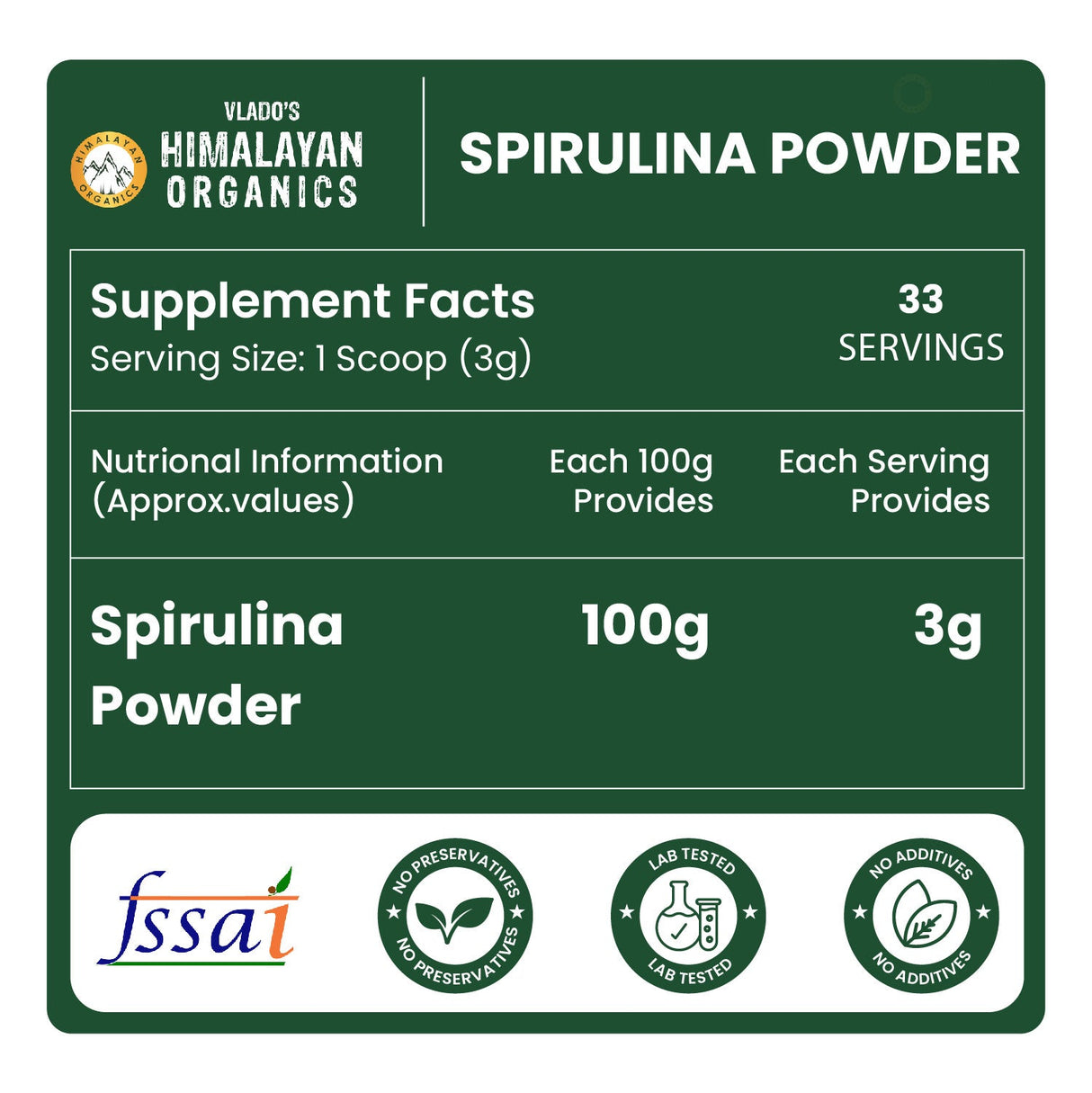 Vlado's Himalayan Organics, Spirulina Powder, 62% Protein Superfood - 100g