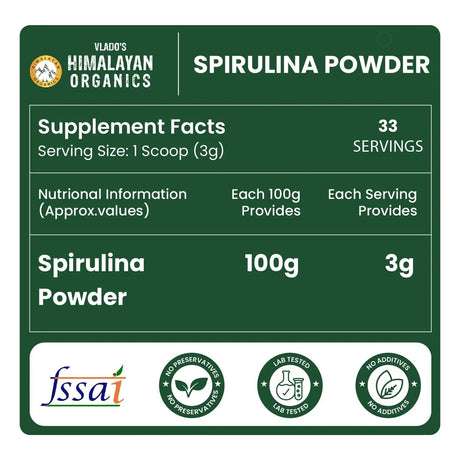 Vlado's Himalayan Organics, Spirulina Powder, 62% Protein Superfood - 100g