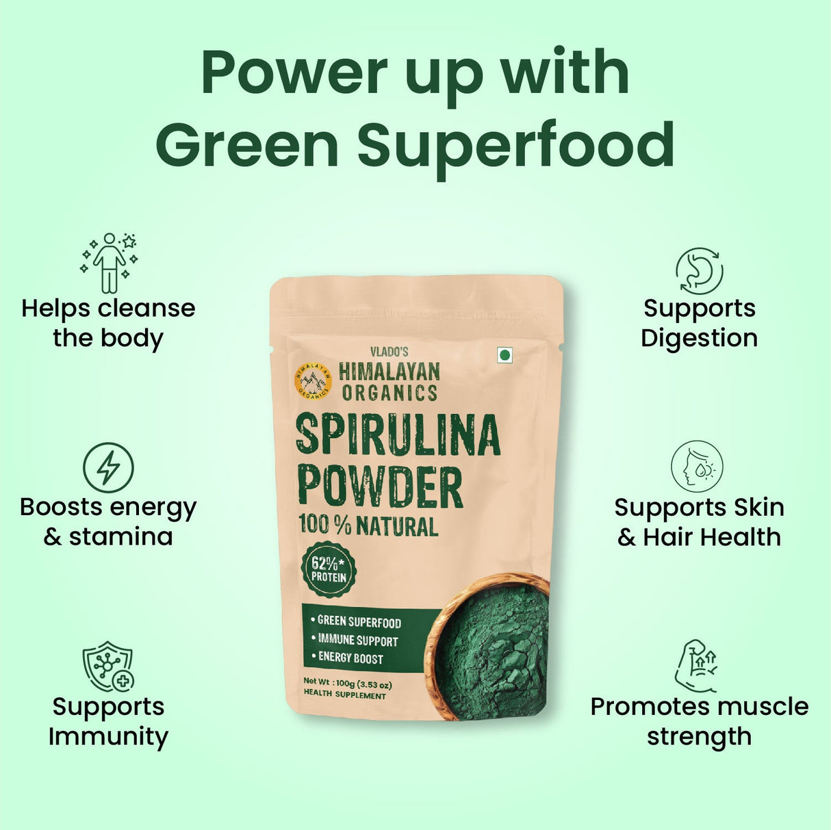Vlado's Himalayan Organics, Spirulina Powder, 62% Protein Superfood - 100g