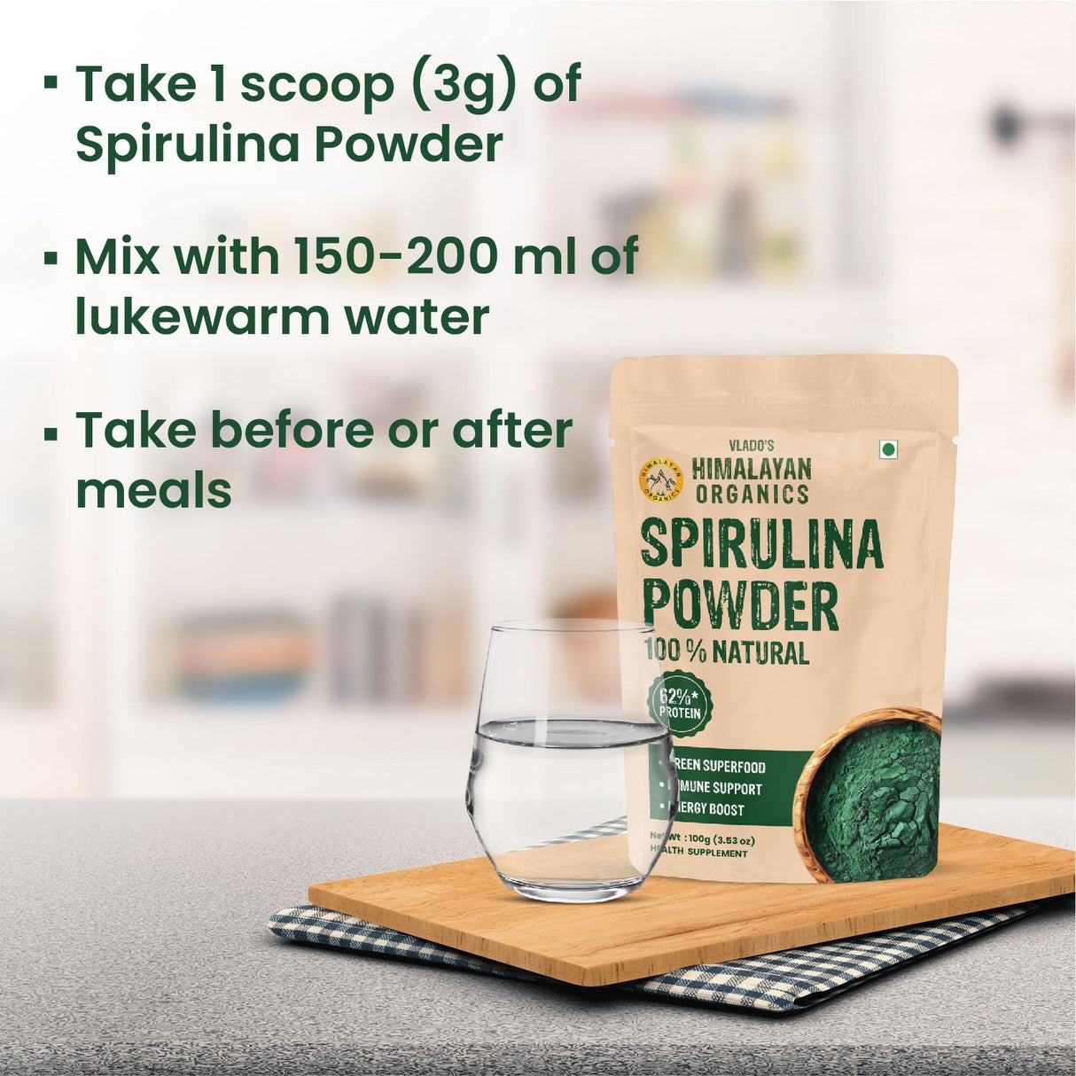 Vlado's Himalayan Organics, Spirulina Powder, 62% Protein Superfood - 100g