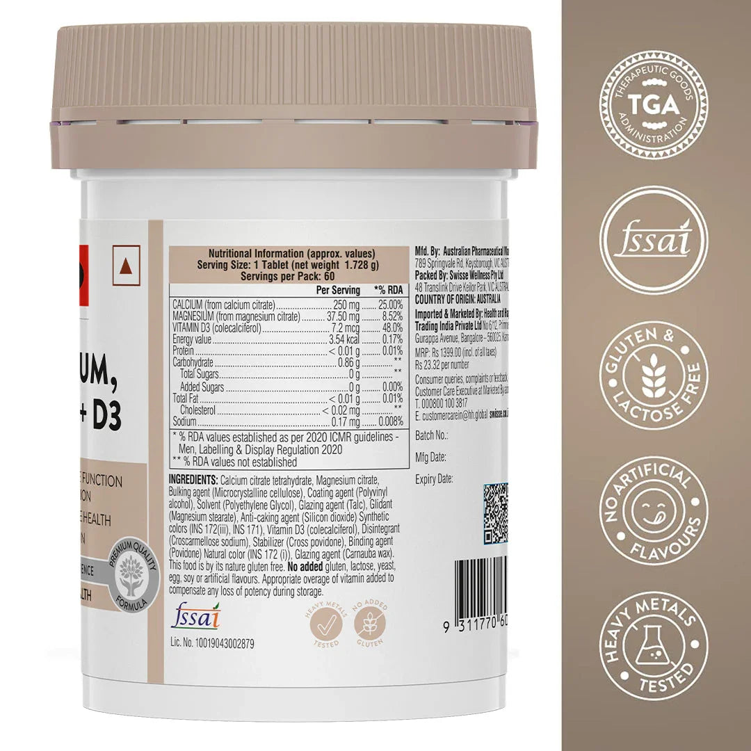 Swisse Magnesium, Calcium + Vitamin D3 - 60 Tablets