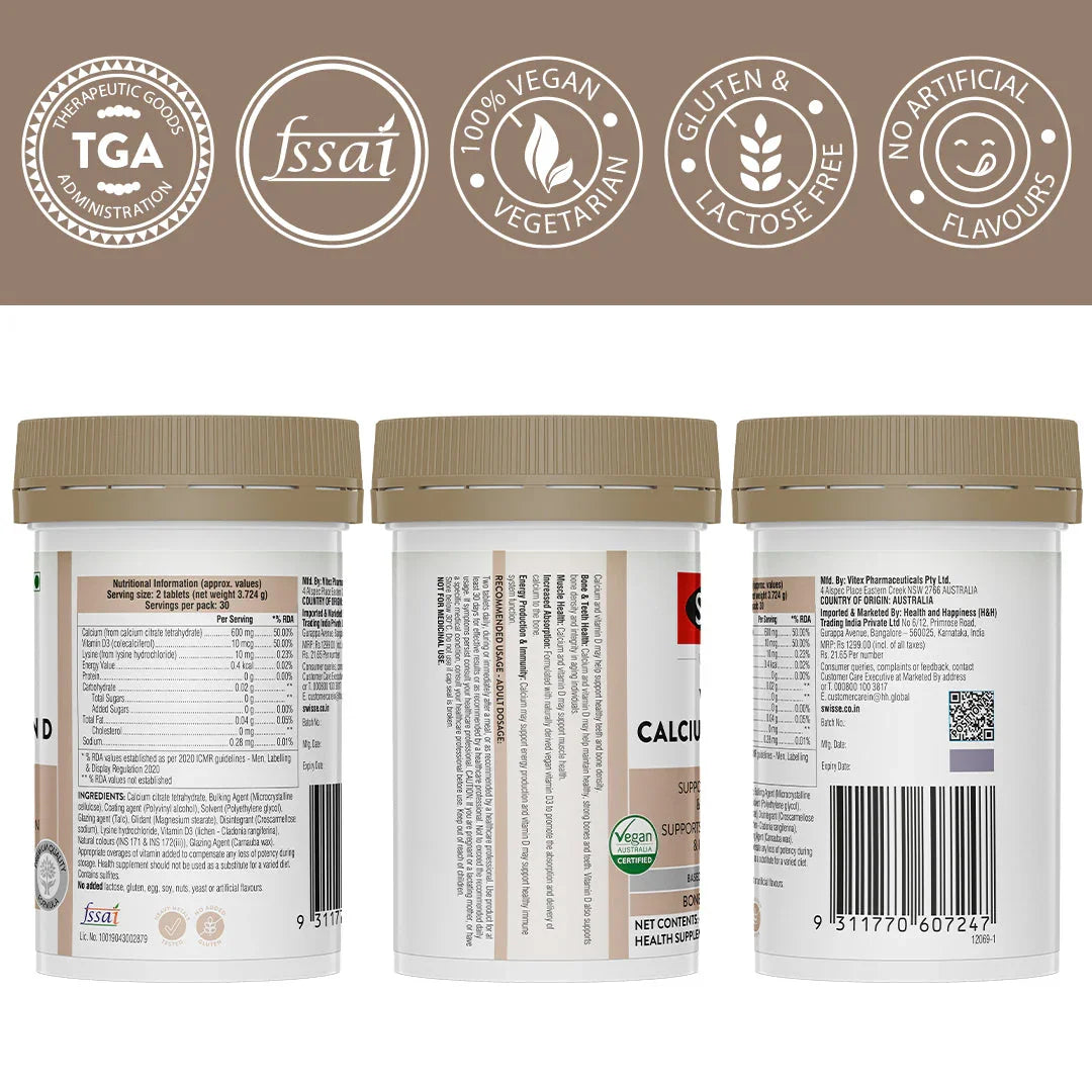 Swisse Vegan Calcium & Vitamin D - 60 Tablets