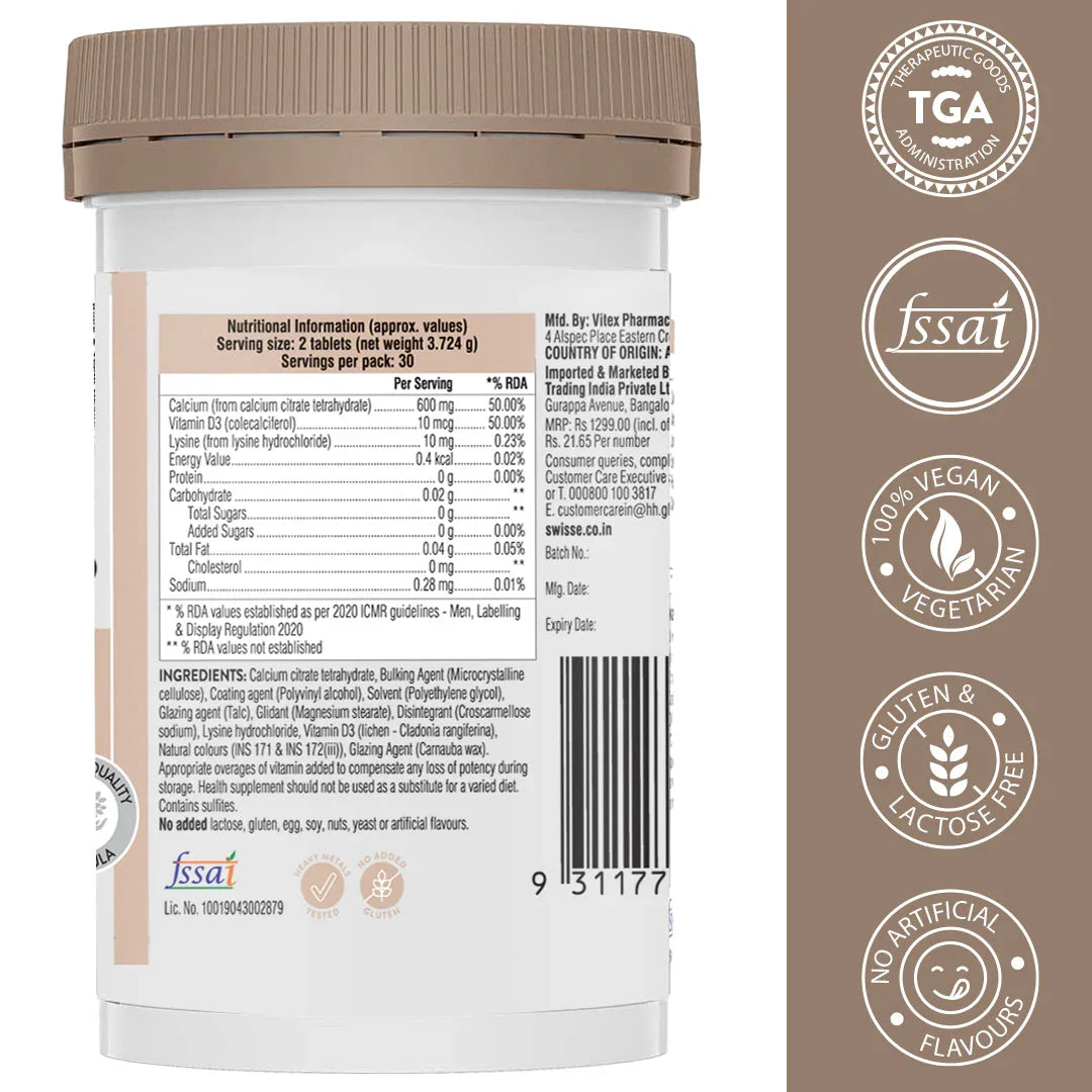 Swisse Vegan Calcium & Vitamin D - 60 Tablets