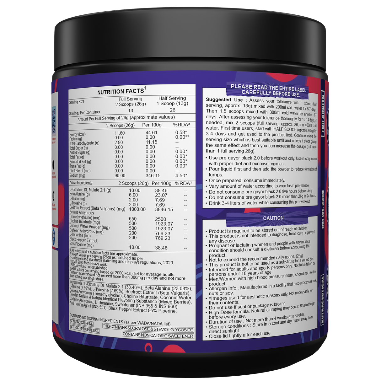 Gayor Essentials Pre Gayor Black 2.0 Pre-Workout Powder 338g | 200mg Caffeine