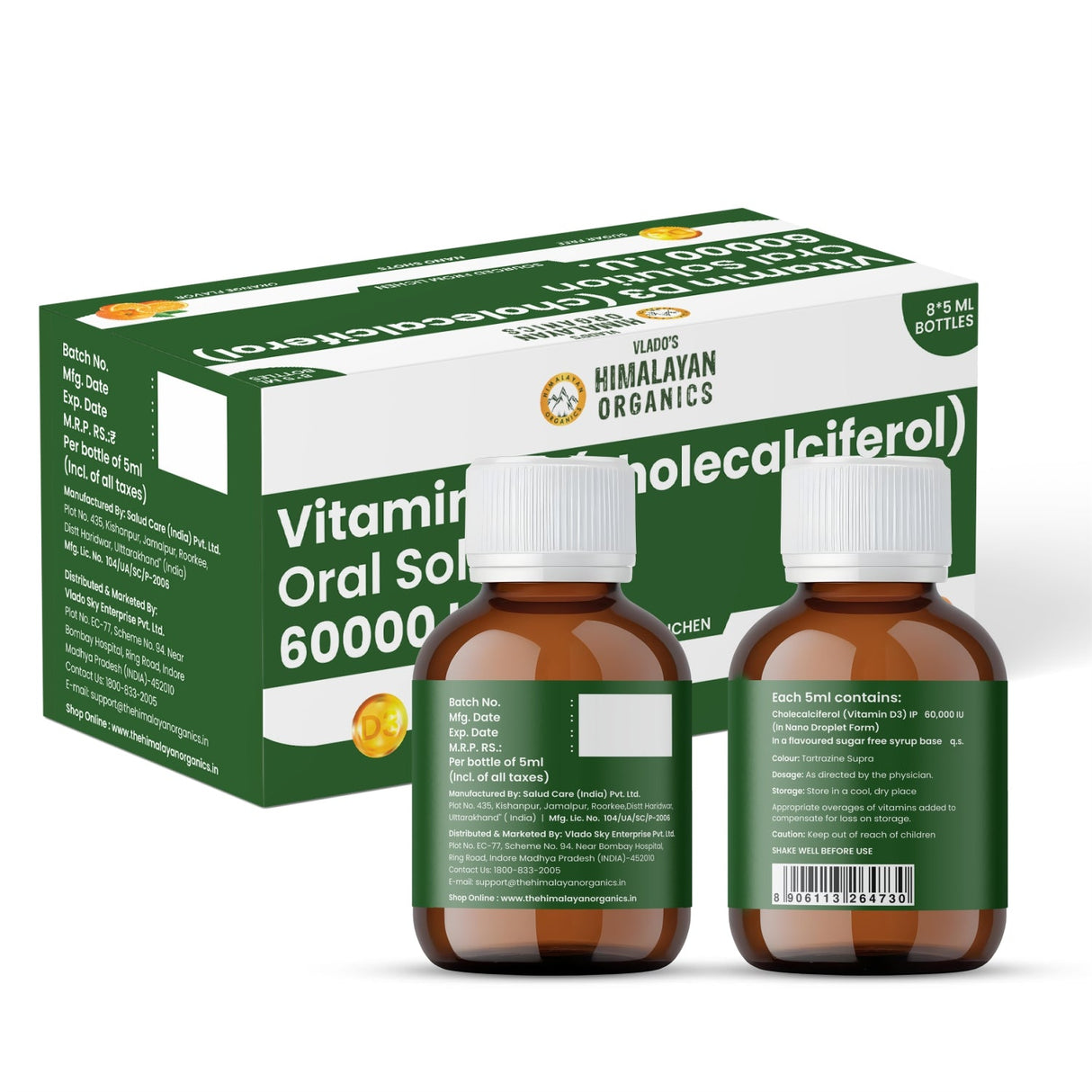 Vlado's Himalayan Organics, Vitamin D3 60000 IU Shots, 5ml Each - Pack of 8