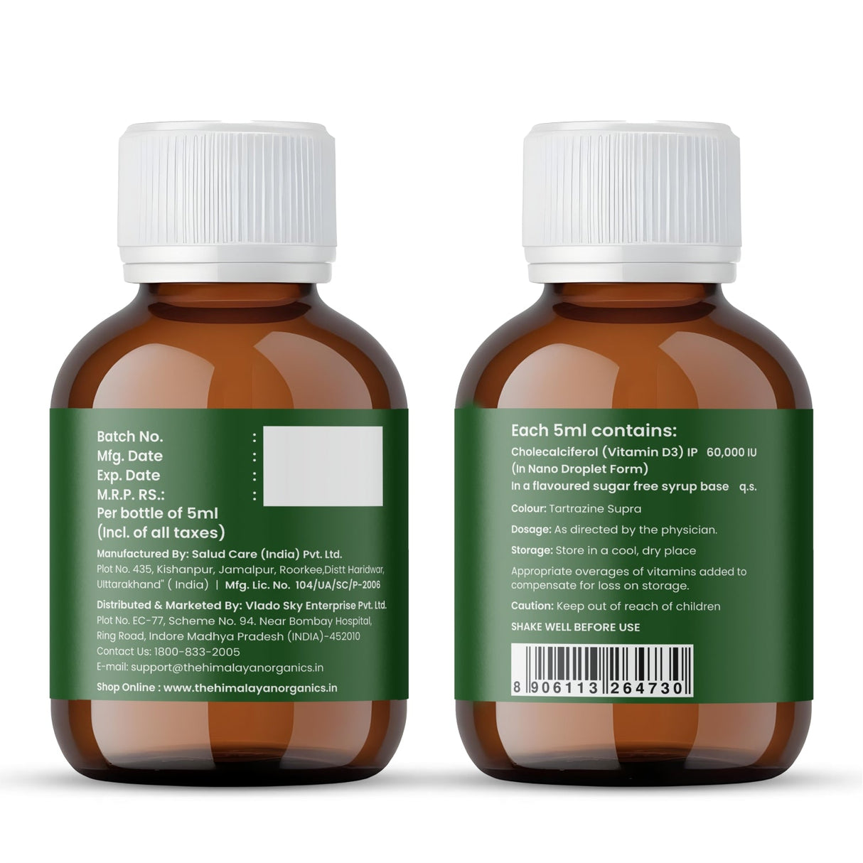 Vlado's Himalayan Organics, Vitamin D3 60000 IU Shots, 5ml Each - Pack of 8