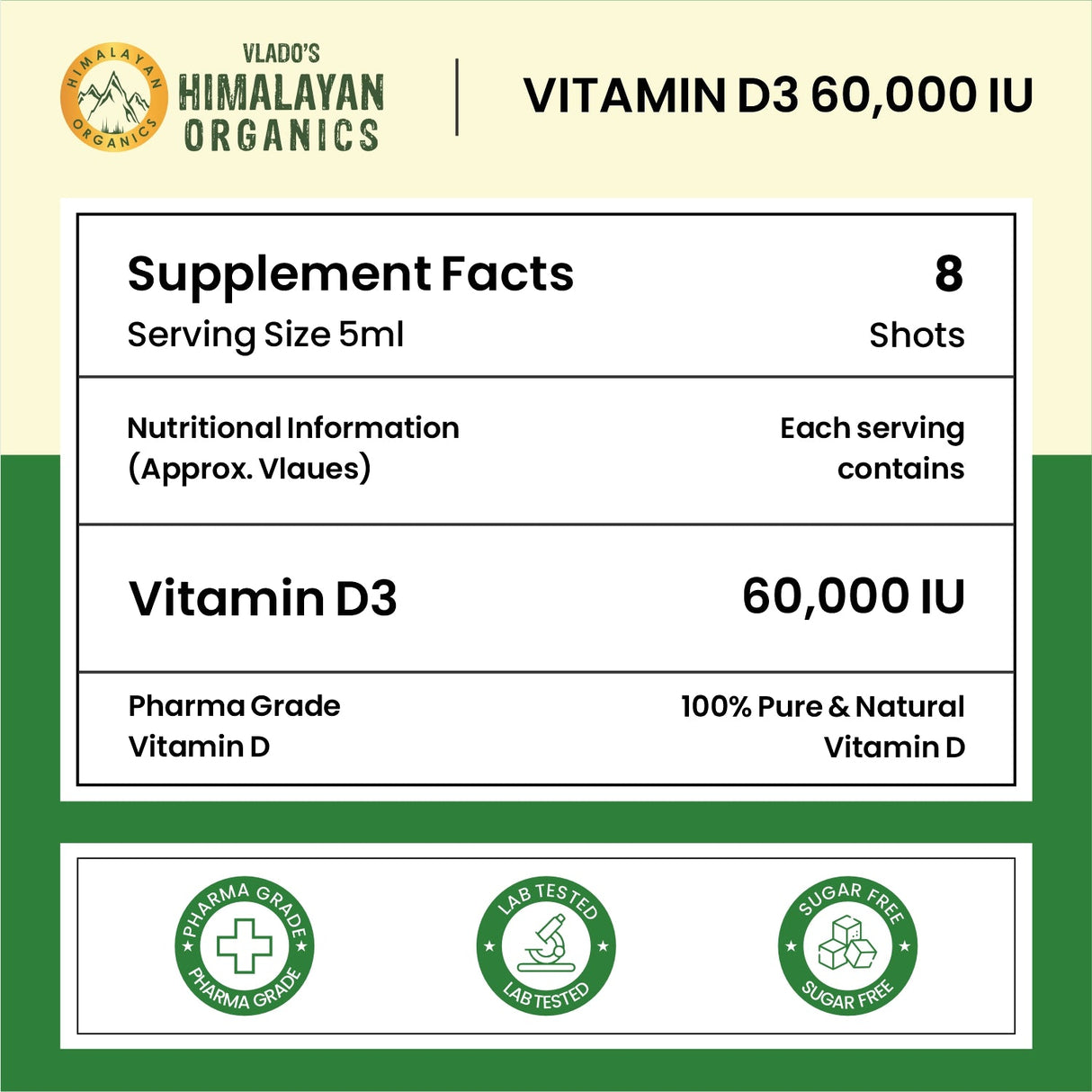 Vlado's Himalayan Organics, Vitamin D3 60000 IU Shots, 5ml Each - Pack of 8