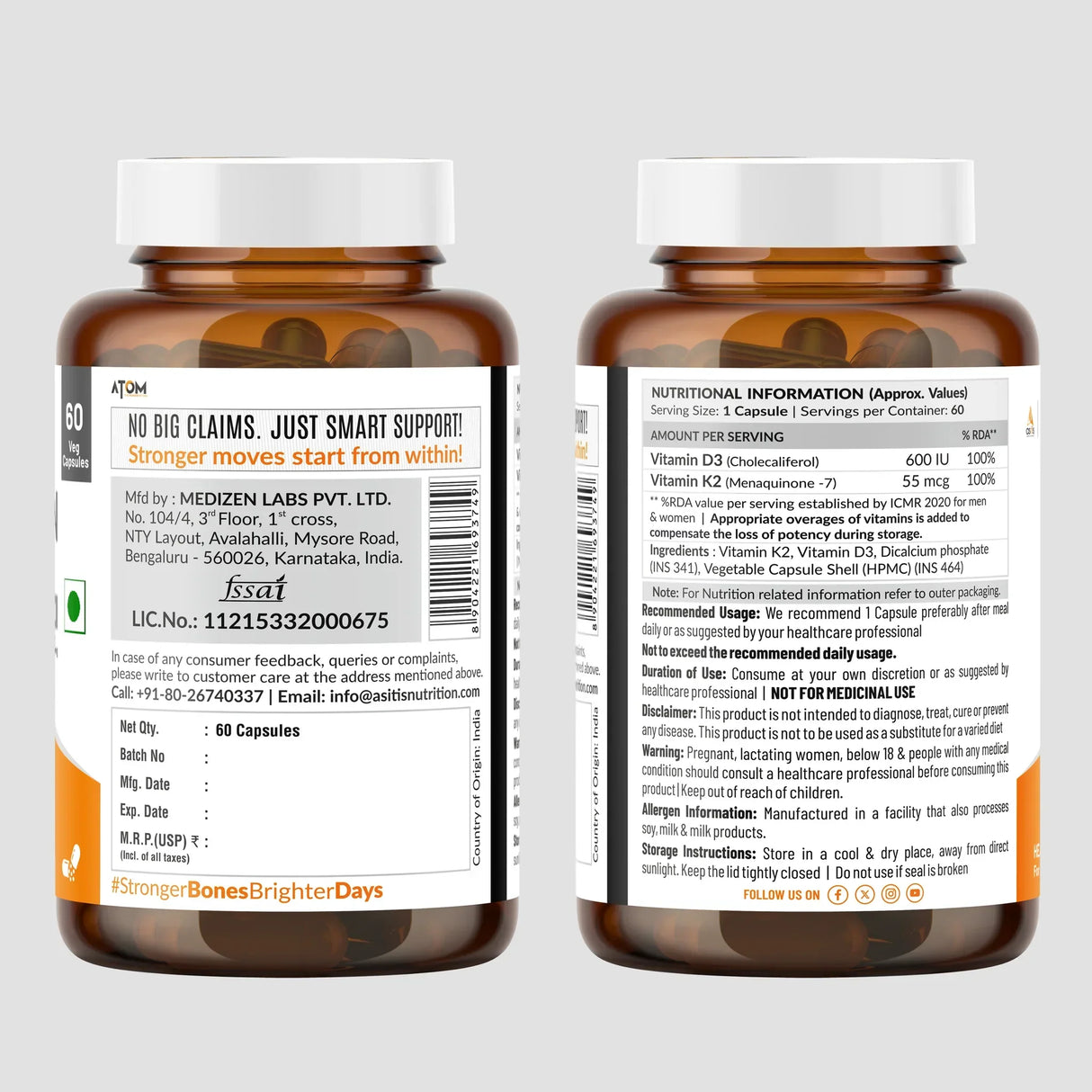 AS-IT-IS ATOM Vitamin D3 & K2 (MK-7) - 60 Capsules