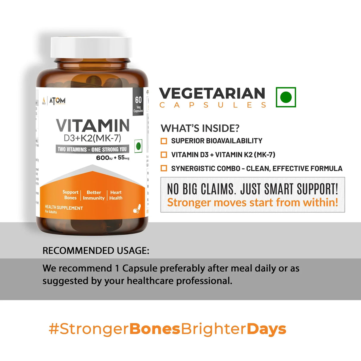 AS-IT-IS ATOM Vitamin D3 & K2 (MK-7) - 60 Capsules