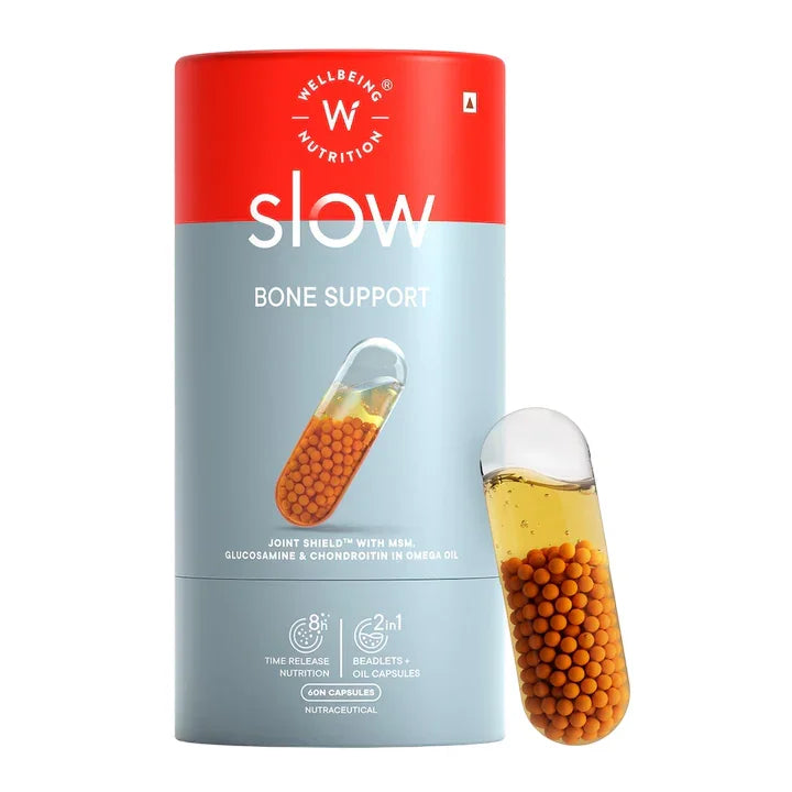 Wellbeing Nutrition Slow Bone Support Supplement | Glucosamine, Chondroitin, MSM, Calcium, Vitamin D3 | For Cartilage & Joint Health | 60 Capsules