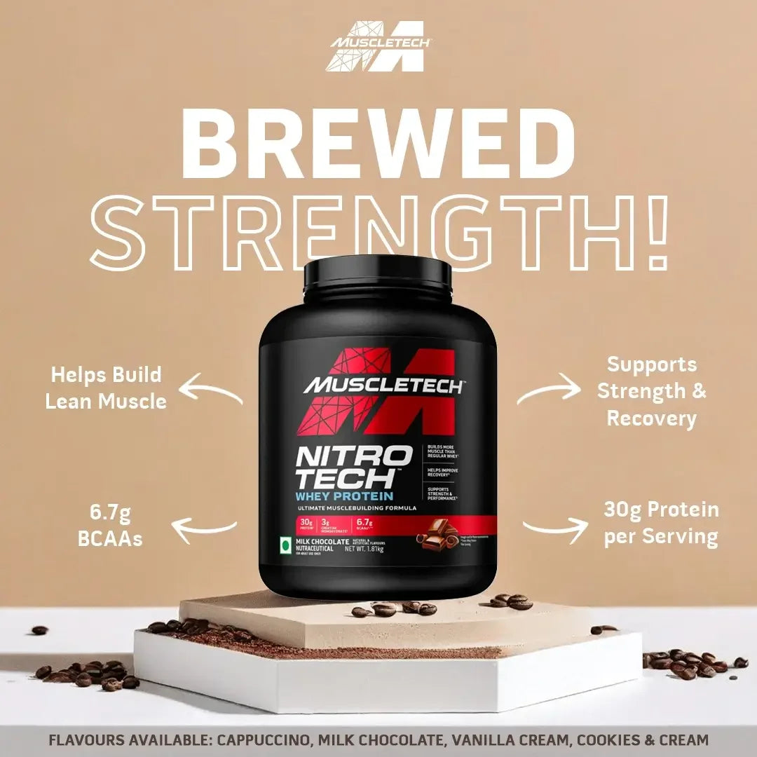 MuscleTech Nitro-Tech Performance Series Whey Protein 4 Lbs (1.81 Kg) + Nutristar Micronized CREA Gold Creatine Monohydrate 250g (83 Servings) - Advanced Muscle Building Stack