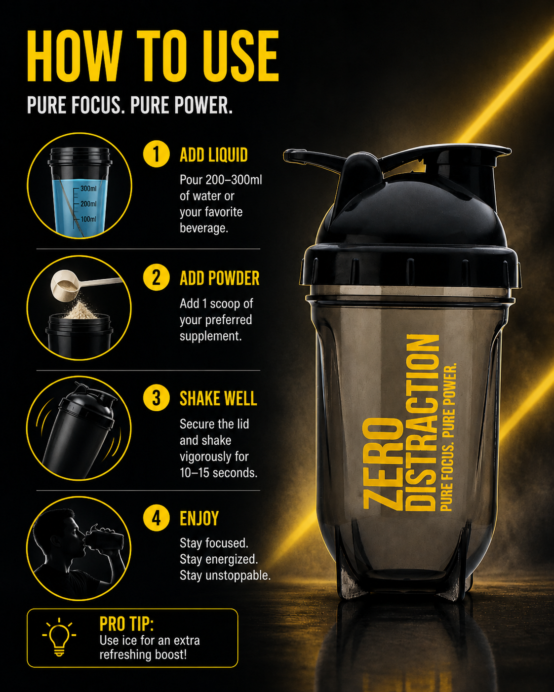 Gayor Essentials Zero Distraction Gym Shaker Bottle | 500ml | Black Yellow