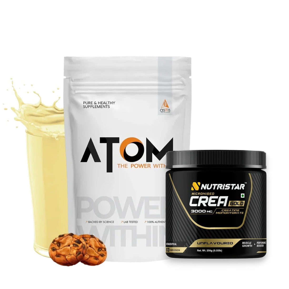 AS-IT-IS ATOM Performance Whey Protein 1 Kg + Nutristar Micronized CREA Gold Creatine Monohydrate 250g (83 Servings) - Muscle Strength & Lean Gain Combo