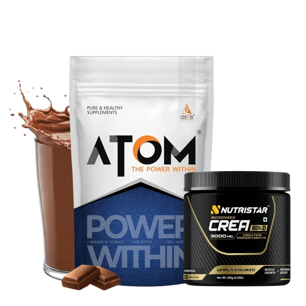 AS-IT-IS ATOM PWR XL Whey Protein 1 Kg + Nutristar Micronized CREA Gold Creatine Monohydrate 250g (83 Servings) - Power & Performance Stack
