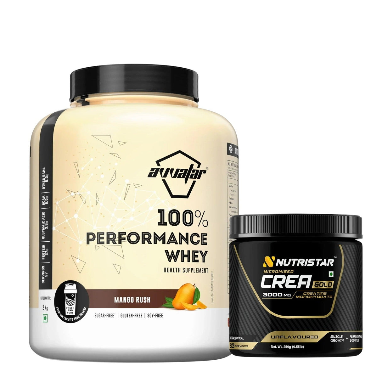 Avvatar 100% Performance Whey 2 Kg + Nutristar Micronized CREA Gold Creatine Monohydrate 250g (83 Servings) - Endurance & Muscle Power Combo