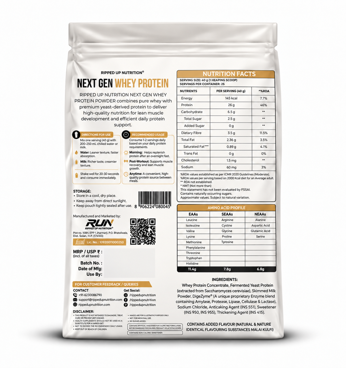 Ripped Up Nutrition Next Gen Protein | 26g Protein | Muscle Recovery Support | 1 Kg, 25 Servings