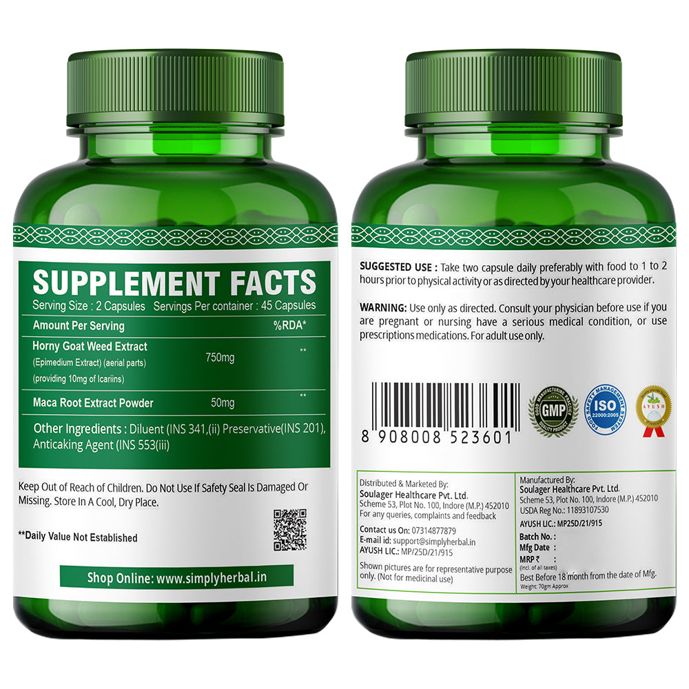 Simply Herbal Horny Goat Weed | Maca Root Extract | 90 Veg Capsules