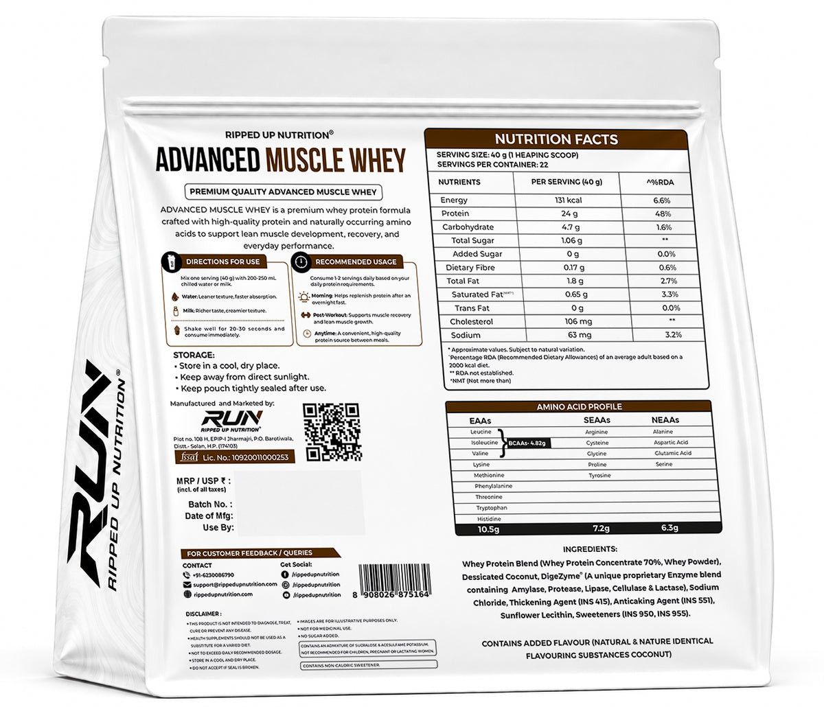 Ripped Up Nutrition Muscle Whey | 24g Protein, Low Carb Formula | 907g, 27 Servings