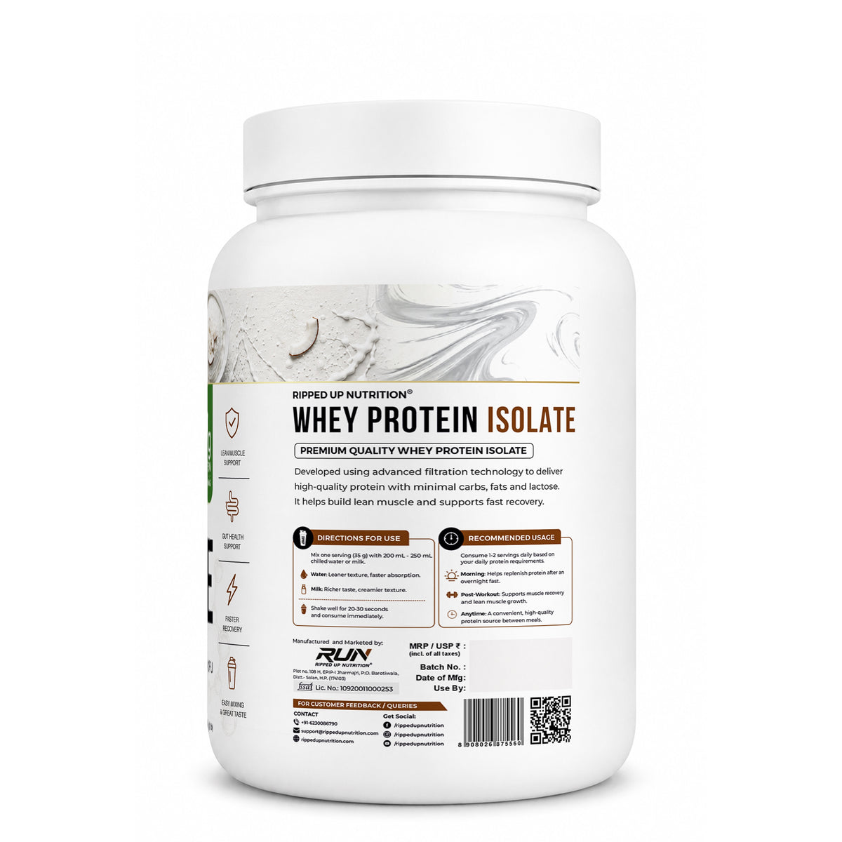 Ripped Up Nutrition Whey Protein Isolate | 27g Protein, Low Carb & Fat | 907g, 30 Servings