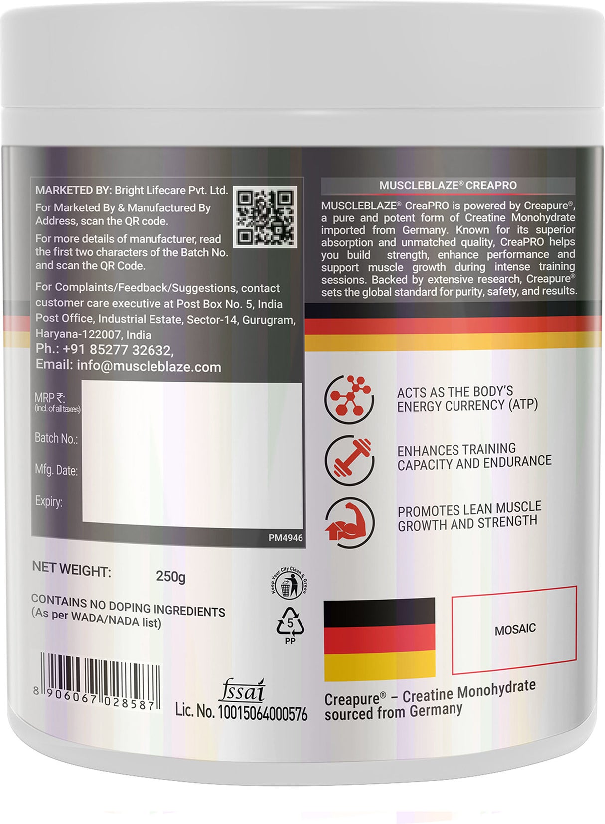 MuscleBlaze Creapro Creatine Powder 250g | Creapure® | 62 Servings