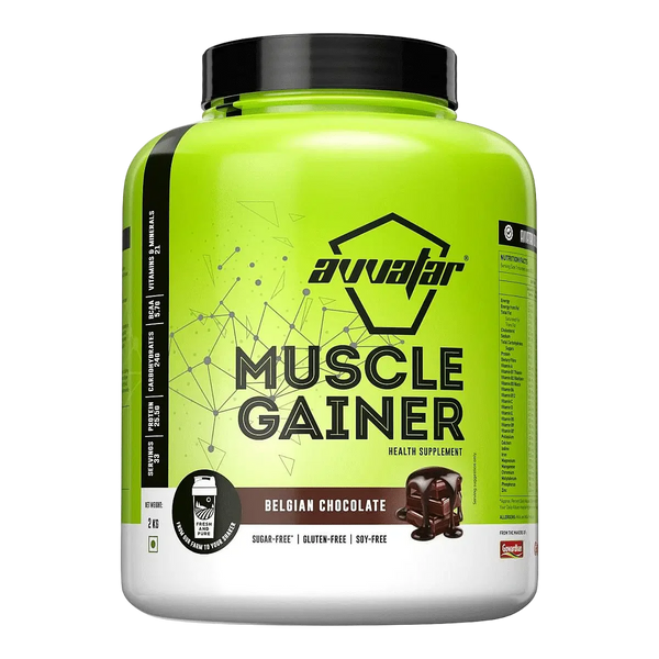 Shop Avvatar Muscle Gainer Belgian Chocolate supplement online at Nutristar, 2kg jar