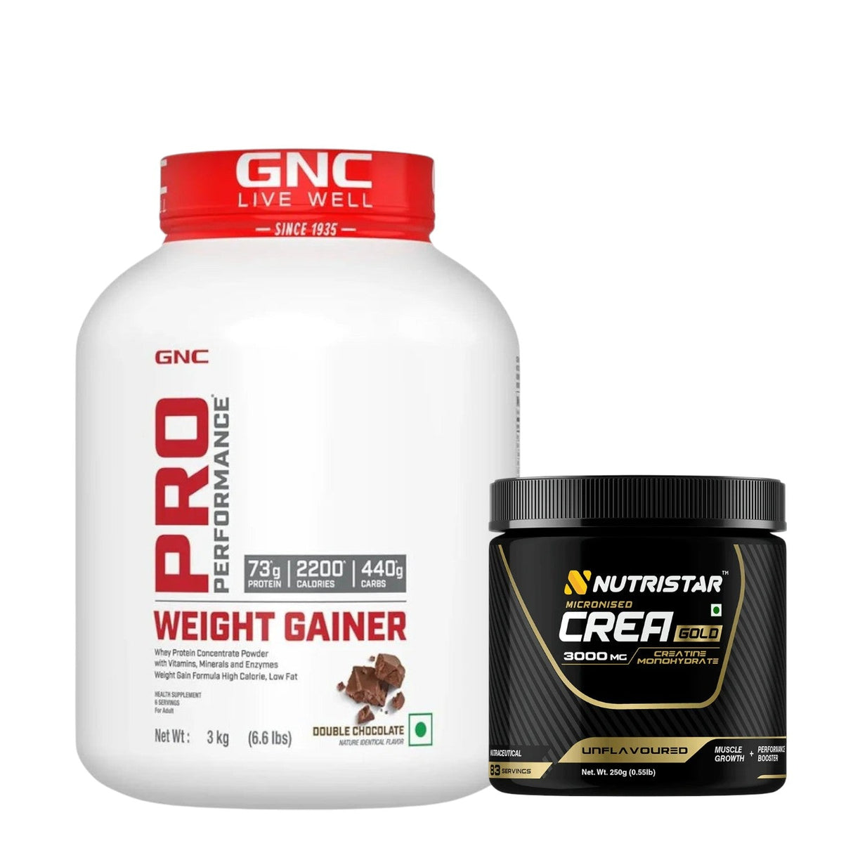 GNC Pro Performance Weight Gainer 3 Kg + Nutristar Micronized CREA Gold Creatine Monohydrate 250g (83 Servings) - Mass & Strength Bulking Combo