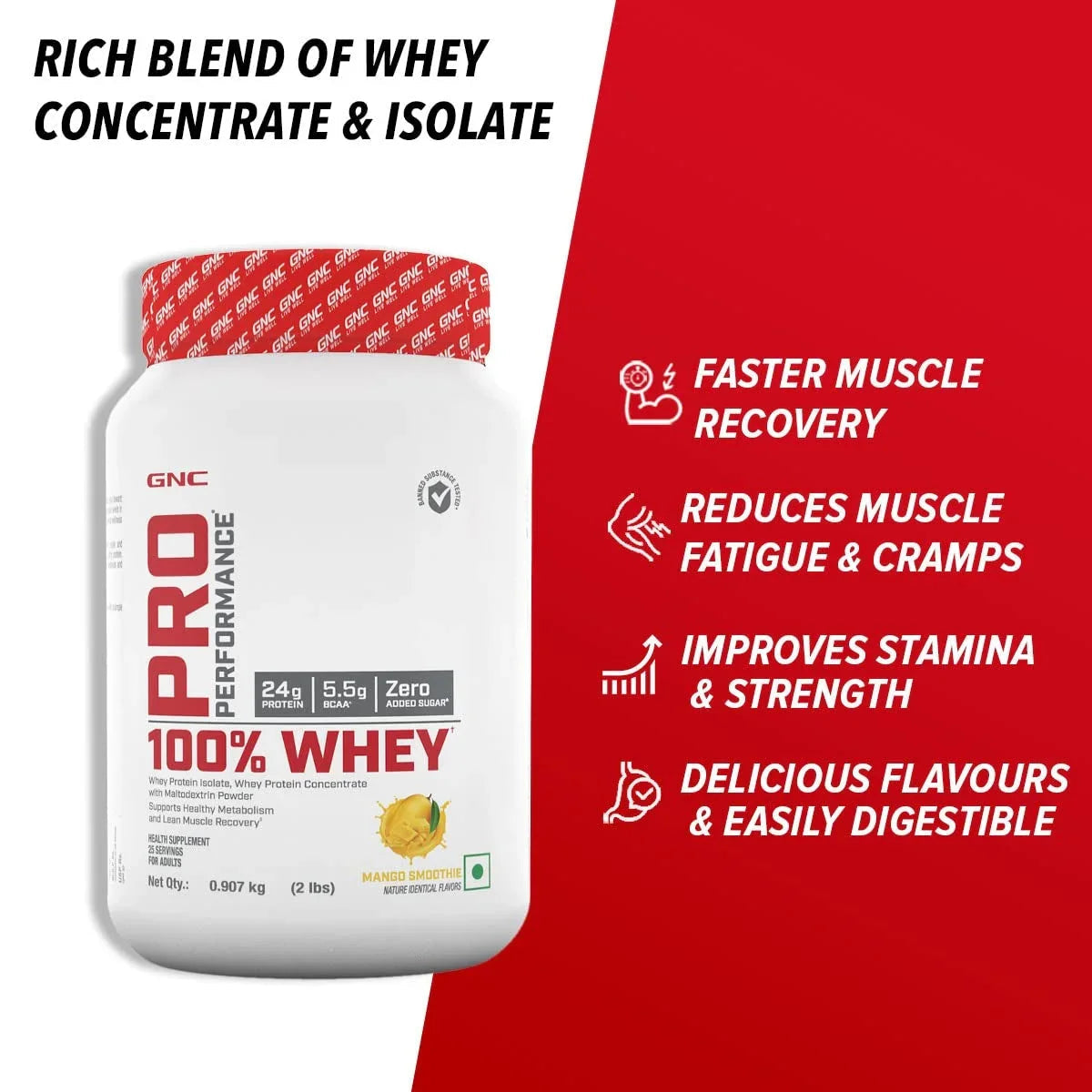 GNC Pro Performance 100% Whey Protein 2 Lbs + Nutristar Micronized CREA Gold Creatine Monohydrate 250g (83 Servings) - Lean Muscle Starter Stack
