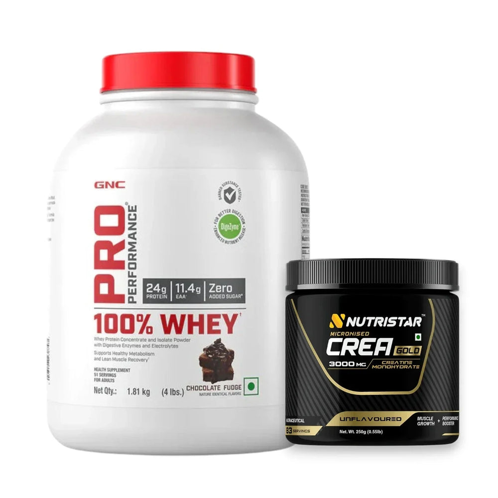 GNC Pro Performance 100% Whey Protein 4 Lbs + Nutristar Micronized CREA Gold Creatine Monohydrate 250g (83 Servings) - High-Performance Strength Combo