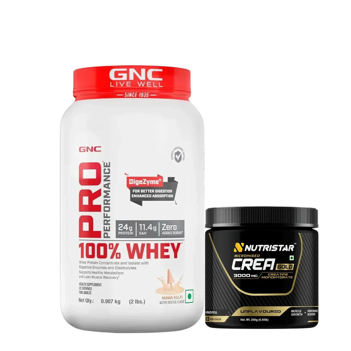 GNC Pro Performance 100% Whey Protein 2 Lbs + Nutristar Micronized CREA Gold Creatine Monohydrate 250g (83 Servings) - Lean Muscle Starter Stack