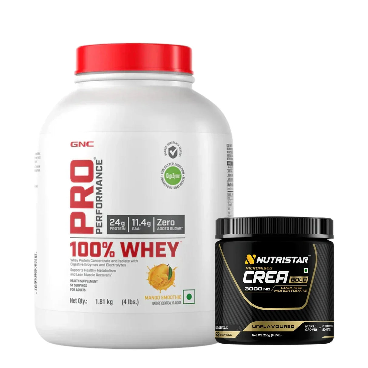 GNC Pro Performance 100% Whey Protein 4 Lbs + Nutristar Micronized CREA Gold Creatine Monohydrate 250g (83 Servings) - High-Performance Strength Combo
