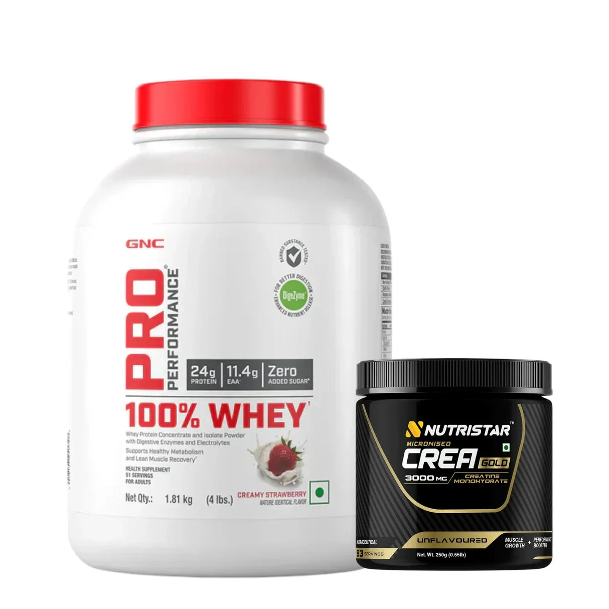 GNC Pro Performance 100% Whey Protein 4 Lbs + Nutristar Micronized CREA Gold Creatine Monohydrate 250g (83 Servings) - High-Performance Strength Combo