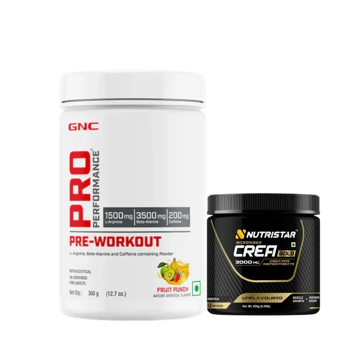 GNC Pro Performance Pre Workout (30 Servings) + Nutristar Micronized CREA Gold Creatine Monohydrate 250g (83 Servings) - Explosive Strength & Performance Combo