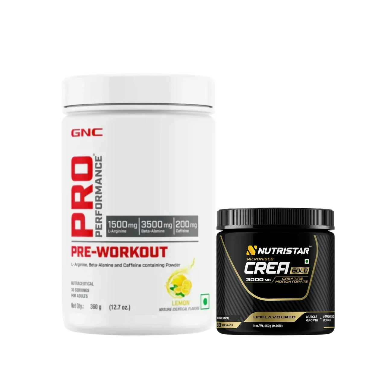 GNC Pro Performance Pre Workout (30 Servings) + Nutristar Micronized CREA Gold Creatine Monohydrate 250g (83 Servings) - Explosive Strength & Performance Combo
