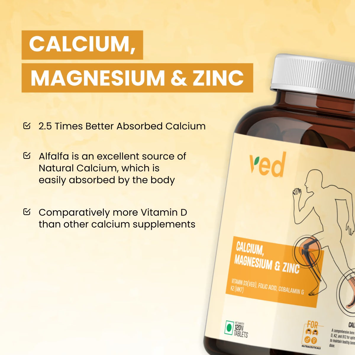 VEDayu Calcium with Magnesium, Zinc | Calcium for Women & Men | 120 Tablets - Unflavoured